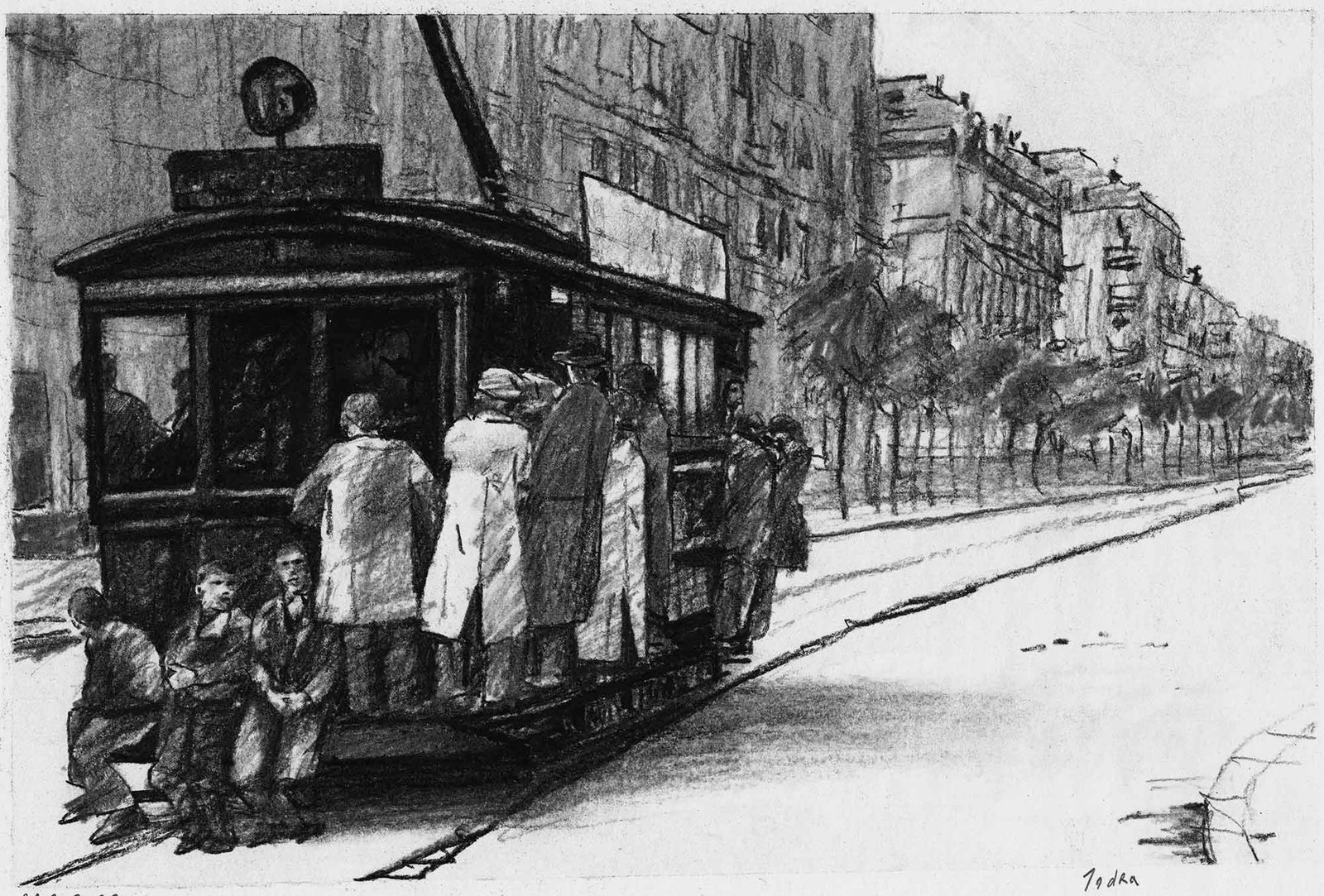 Tranvía de la línea 15 en la calle Santa Engracia. Charcoal on paper, by Mario Jodra.