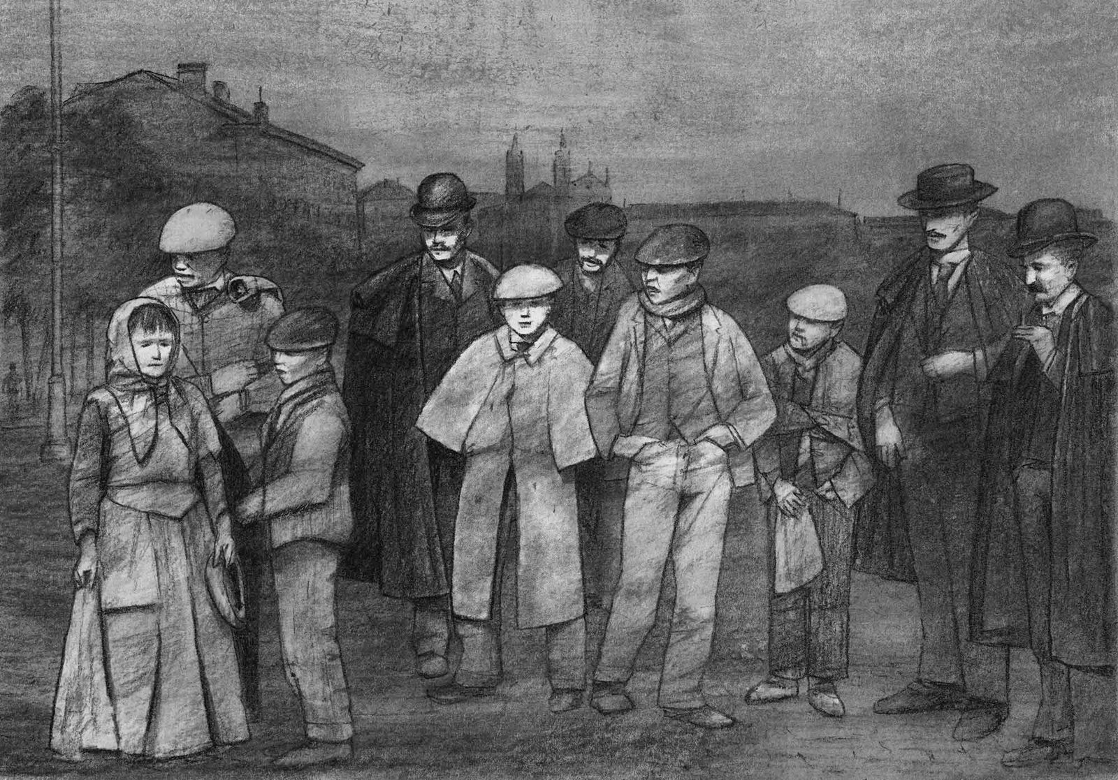 Escena de Madrid, 1905 (Santiago Ramón y Cajal). Fondo: Carrera de San Jerónimo y paseo del Prado, 1900 (autor desconocido). Charcoal on paper, by Mario Jodra.