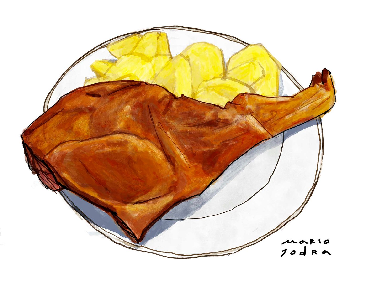 Mario Jodra illustration Art - Casa Pedro: Pata de lechón asada con patatas.